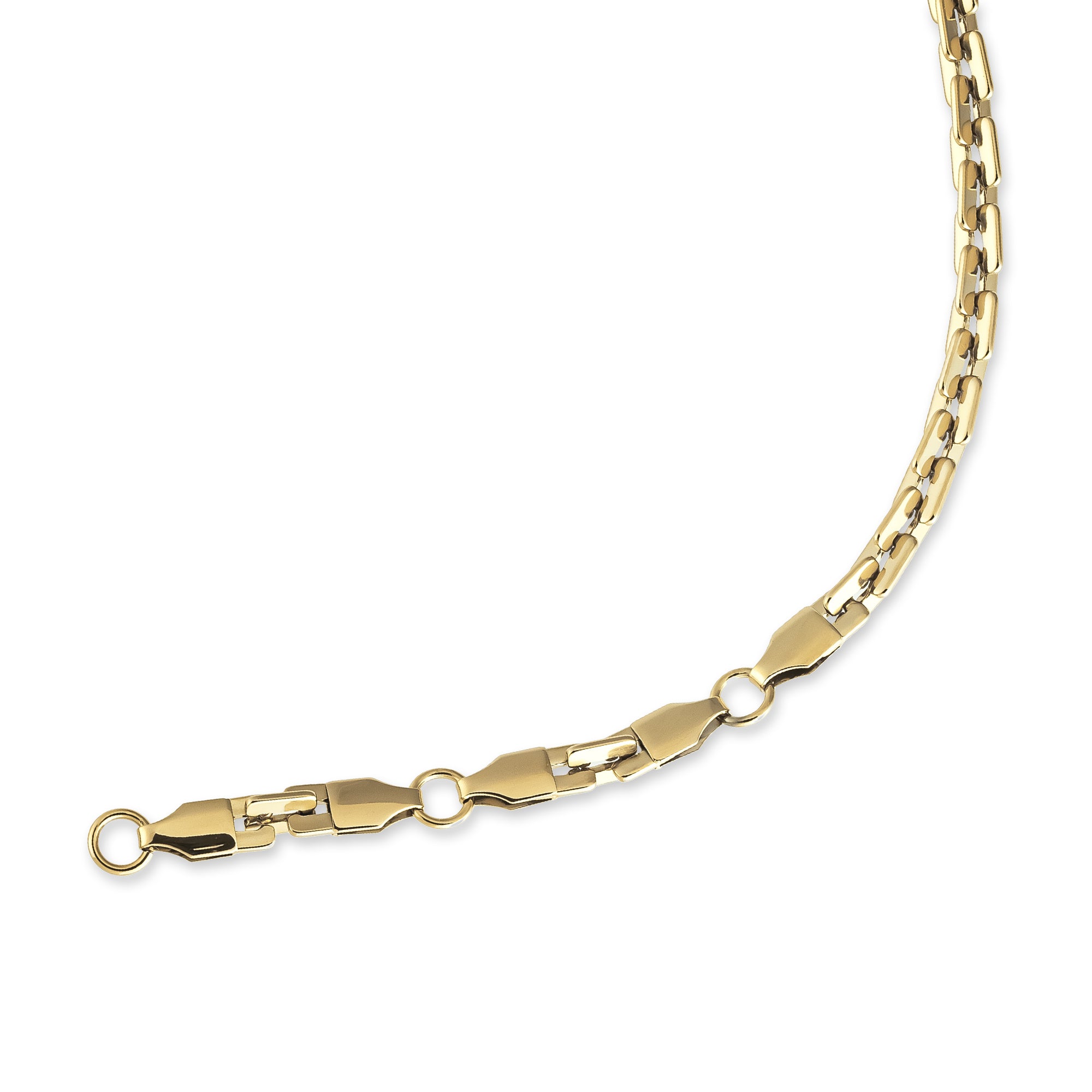 Die COPENHAGEN STUDIOS Halskette - Edgy Necklace von Copenhagen Studios zeichnet sich durch ineinandergreifende geometrische Goldglieder aus, die einen modernen, urbanen Look kreieren - hier auf weißem Hintergrund.