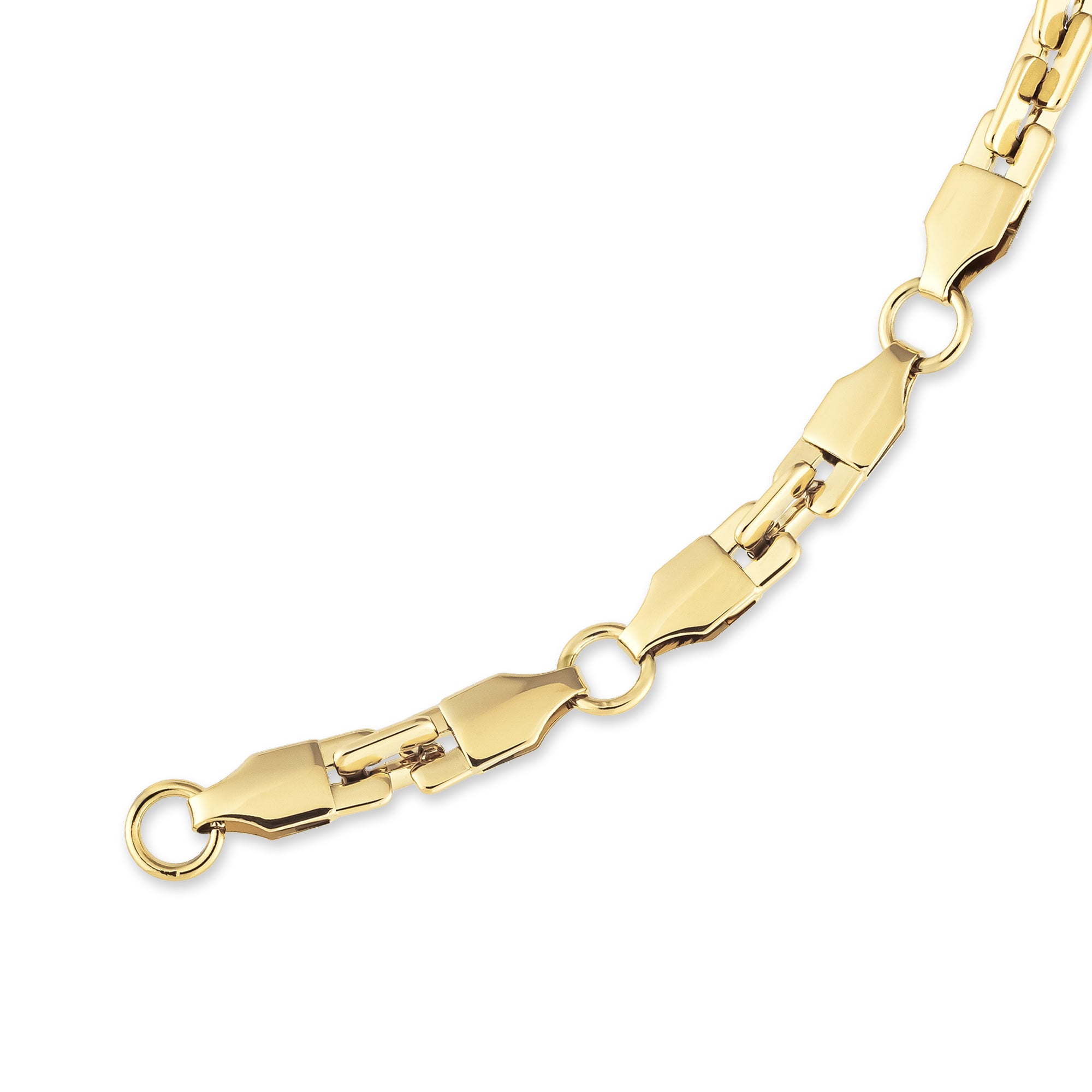 Ausgefallenes Armband von Copenhagen Studios mit einzigartig geformten, ineinandergreifenden geometrischen Gliedern, die diagonal auf weißem Grund angeordnet sind, gefertigt im modernen Design-Geist der COPENHAGEN STUDIOS.