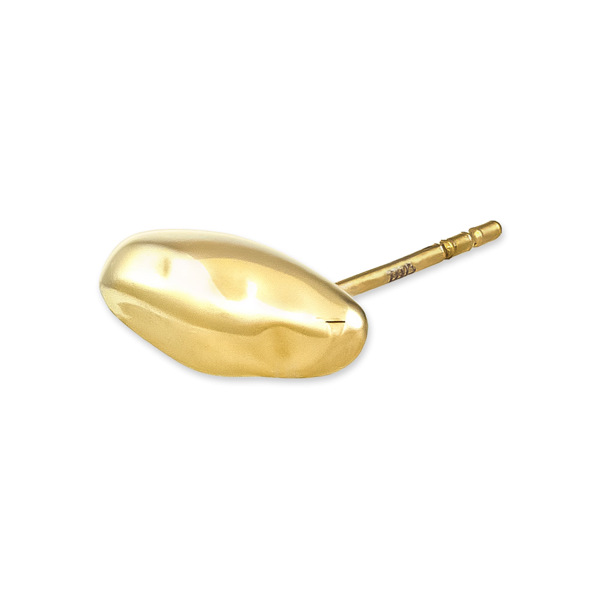 Ein glänzendes, goldfarbenes, kartoffelförmiges Objekt mit metallischem Stiel auf weißem Hintergrund, das dem eleganten Organics Ohrstecker von Copenhagen Studios ähnelt.
