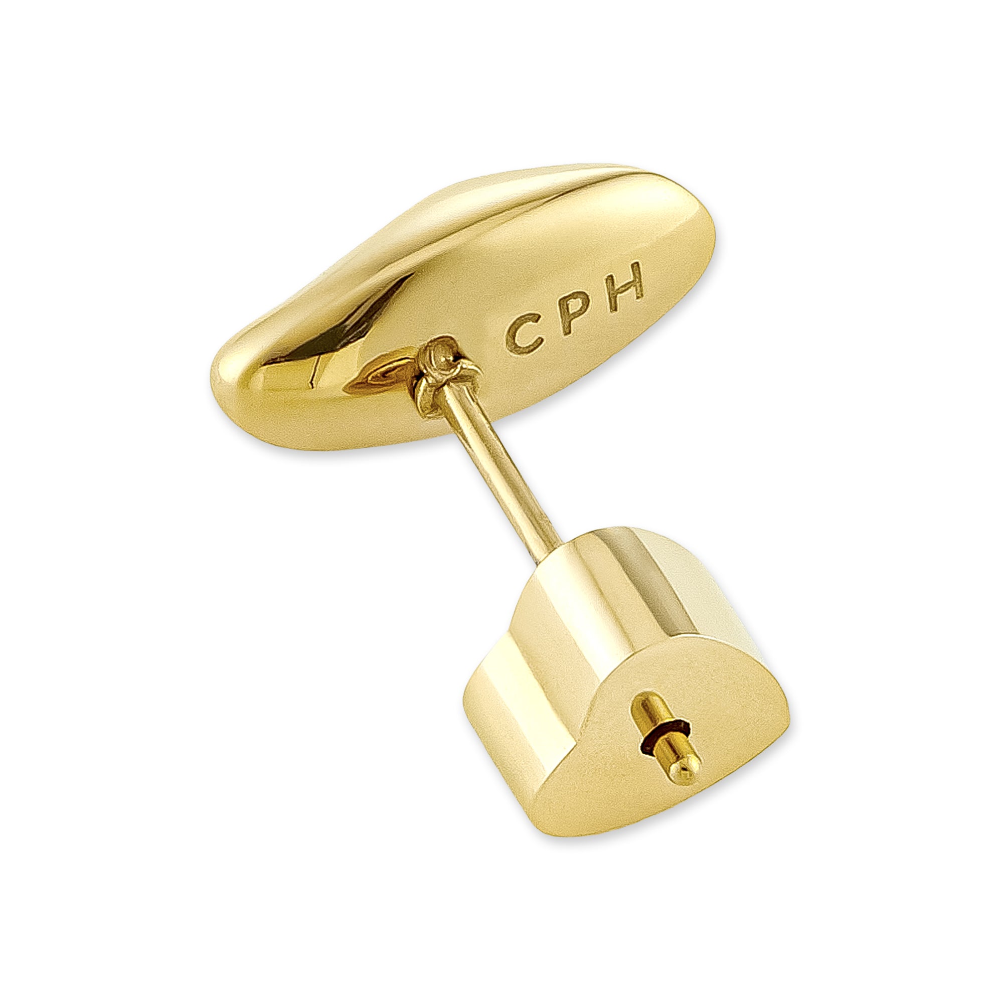 Goldener Manschettenknopf mit CPH-Gravur auf der Rückseite, mit herzförmiger Rückseite, inspiriert von Copenhagen Studios' Ohrstecker - Organics.