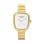 Goldfarbene COPENHAGEN STUDIOS Damenarmbanduhr mit abgerundetem, eckigem Gehäuse, weißem Zifferblatt und goldenem Edelstahlarmband.
