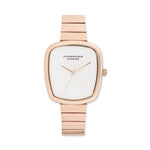 Roségoldene COPENHAGEN STUDIOS Armbanduhr - Curved Watch von Copenhagen Studios, mit weißem Zifferblatt und minimalistischem Design.