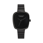 Schwarze COPENHAGEN STUDIOS Curved Watch mit abgerundetem, eckigem Gehäuse, schwarzem Zifferblatt und schwarzem Edelstahlarmband.