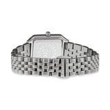 Die COPENHAGEN STUDIOS Armbanduhr - Vintage Watch von Copenhagen Studios hat ein silbernes Metallband und ein rechteckiges Gehäuse, das von der Rückseite mit sichtbarer Schließe und Gravuren gezeigt wird - ein klassisches Stück mit zeitlosem Vintage-Appeal.