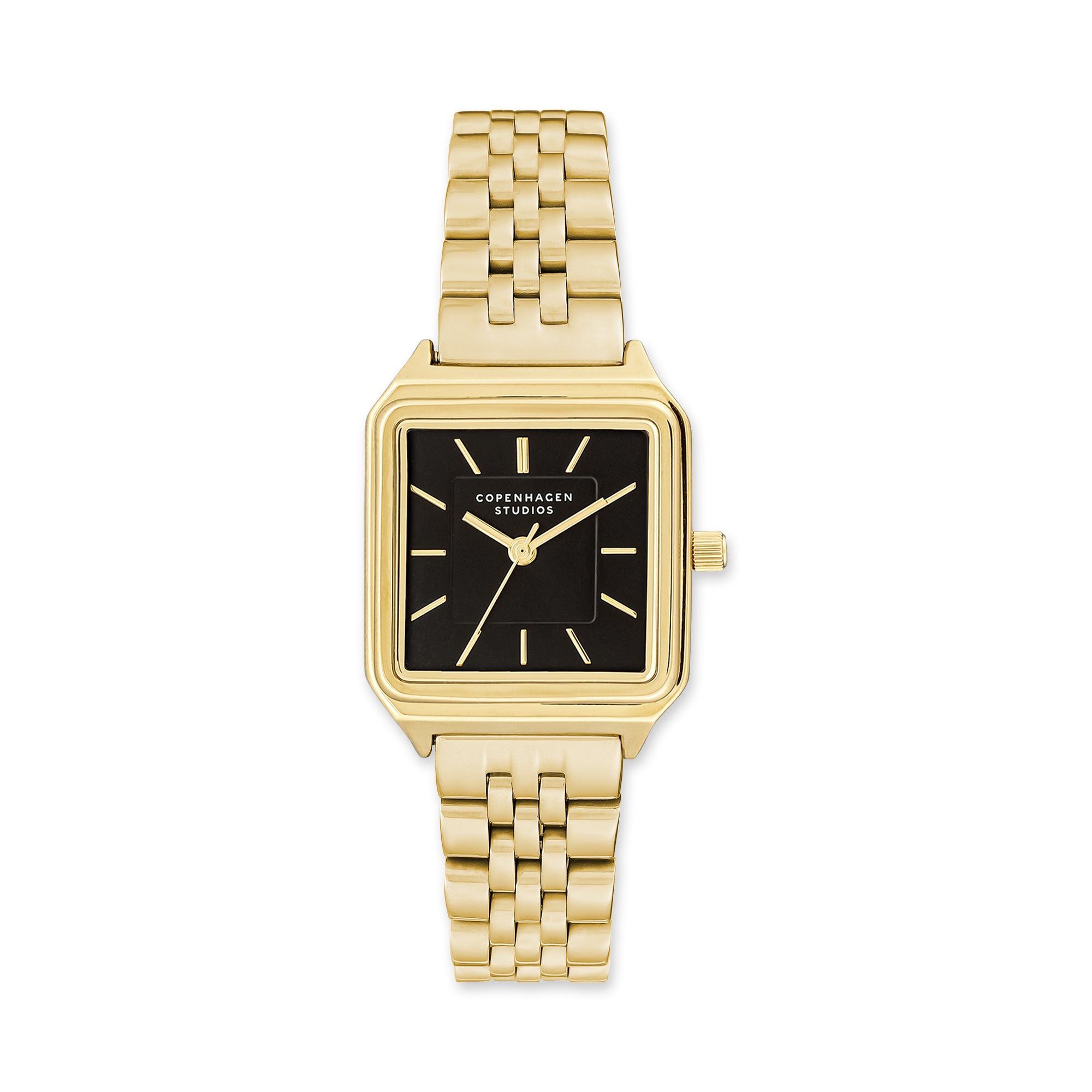 Die COPENHAGEN STUDIOS Armbanduhr - Vintage Watch von Copenhagen Studios hat ein rechteckiges schwarzes Zifferblatt, goldene Indexe und ein goldenes Gliederarmband, das an das klassische quadratische Uhrendesign erinnert.