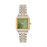 Die COPENHAGEN STUDIOS Armbanduhr - Vintage Watch von Copenhagen Studios hat ein quadratisches Gehäuse in Silber und Gold, ein grünes Zifferblatt, goldene Indexe und ein zweifarbiges Metallband - perfekte Eleganz für jeden Anlass.