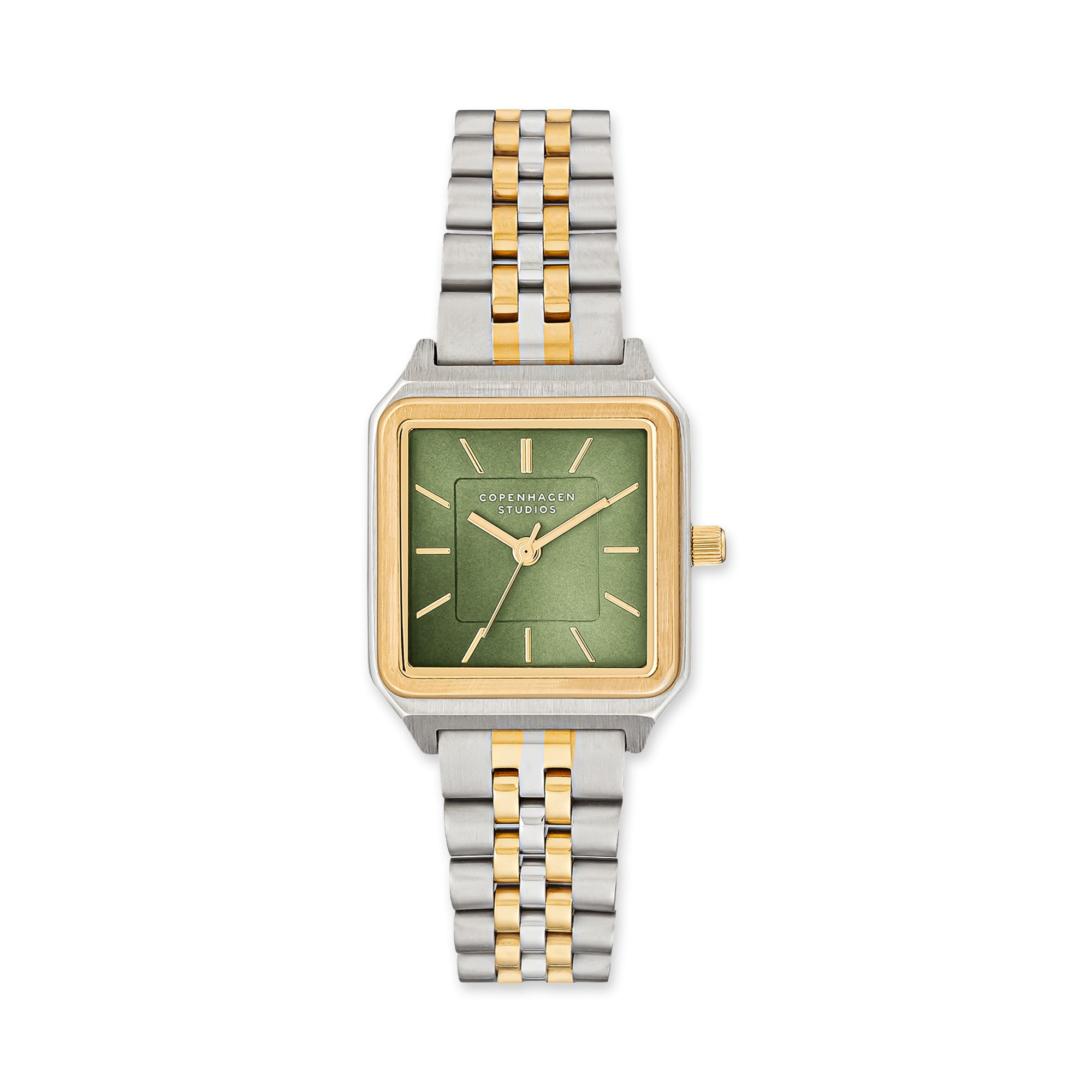 Die COPENHAGEN STUDIOS Armbanduhr - Vintage Watch von Copenhagen Studios hat ein quadratisches Gehäuse in Silber und Gold, ein grünes Zifferblatt, goldene Indexe und ein zweifarbiges Metallband - perfekte Eleganz für jeden Anlass.