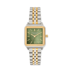 Die COPENHAGEN STUDIOS Armbanduhr - Vintage Watch von Copenhagen Studios hat ein quadratisches Gehäuse in Silber und Gold, ein grünes Zifferblatt, goldene Indexe und ein zweifarbiges Metallband - perfekte Eleganz für jeden Anlass.