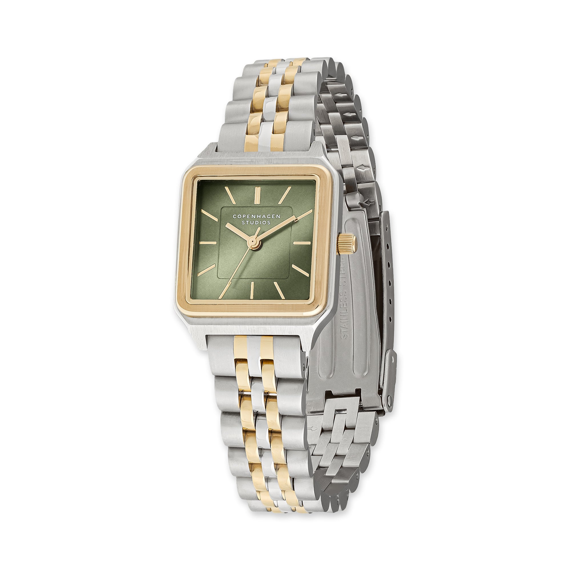 Copenhagen Studios präsentiert die Armbanduhr "Vintage Watch" mit grünem Zifferblatt, silber-goldenem Metallarmband und goldenen Akzenten - die perfekte elegante Uhr für jeden Anlass.