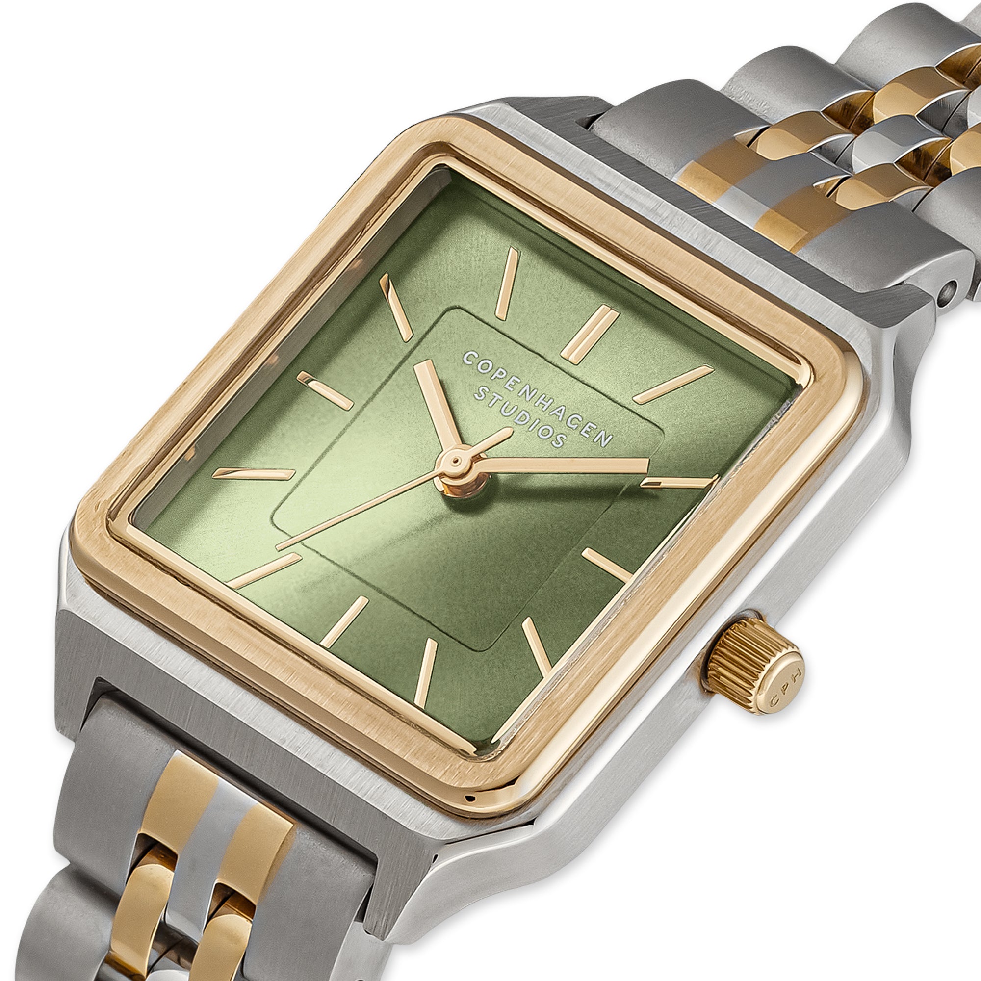 Die Copenhagen Studios COPENHAGEN STUDIOS Armbanduhr - Vintage Watch ist eine rechteckige Armbanduhr in Gold und Silber mit grünem Zifferblatt, goldenen Stundenmarkierungen und Zeigern - eine elegante Anspielung auf den klassischen Vintage-Stil.