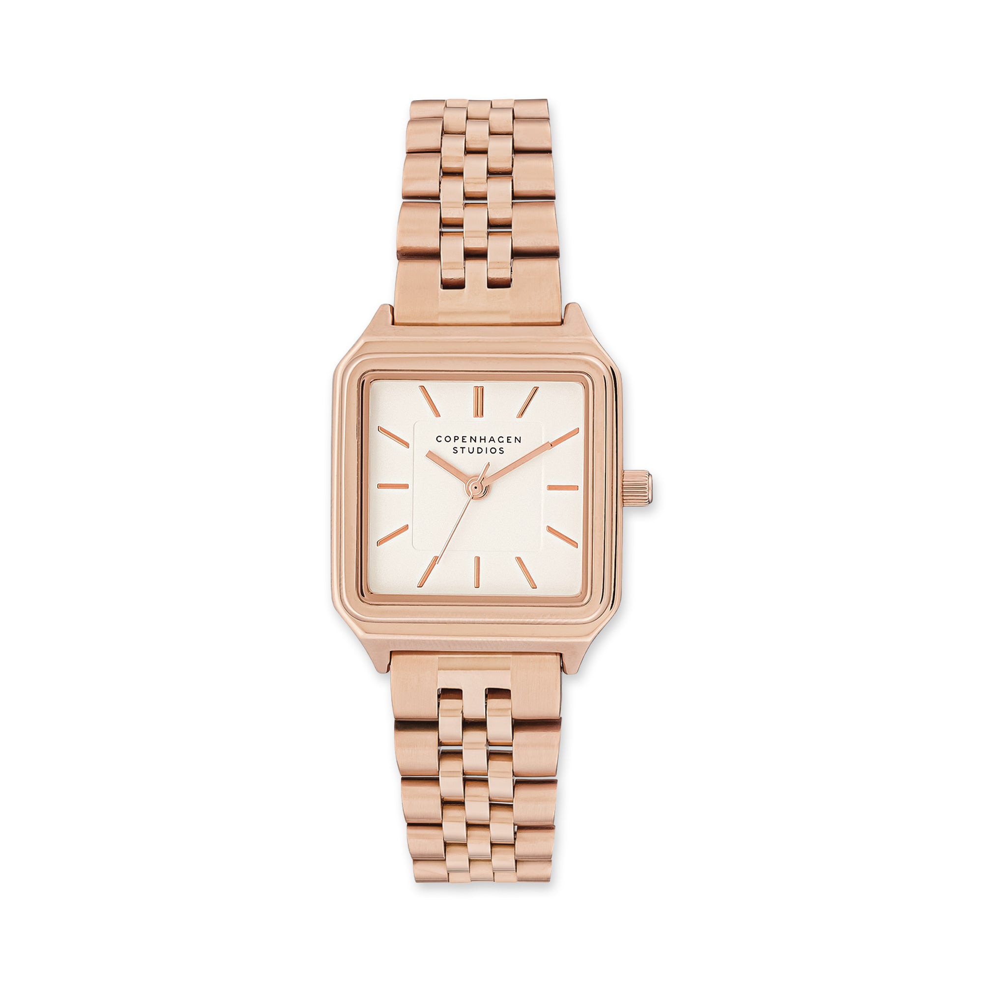Die COPENHAGEN STUDIOS Armbanduhr - Vintage Watch von Copenhagen Studios hat ein quadratisches Gehäuse aus Roségold, ein weißes Zifferblatt und ein Gliederarmband mit Markierungen auf dem Zifferblatt und ist perfekt für jede Gelegenheit.