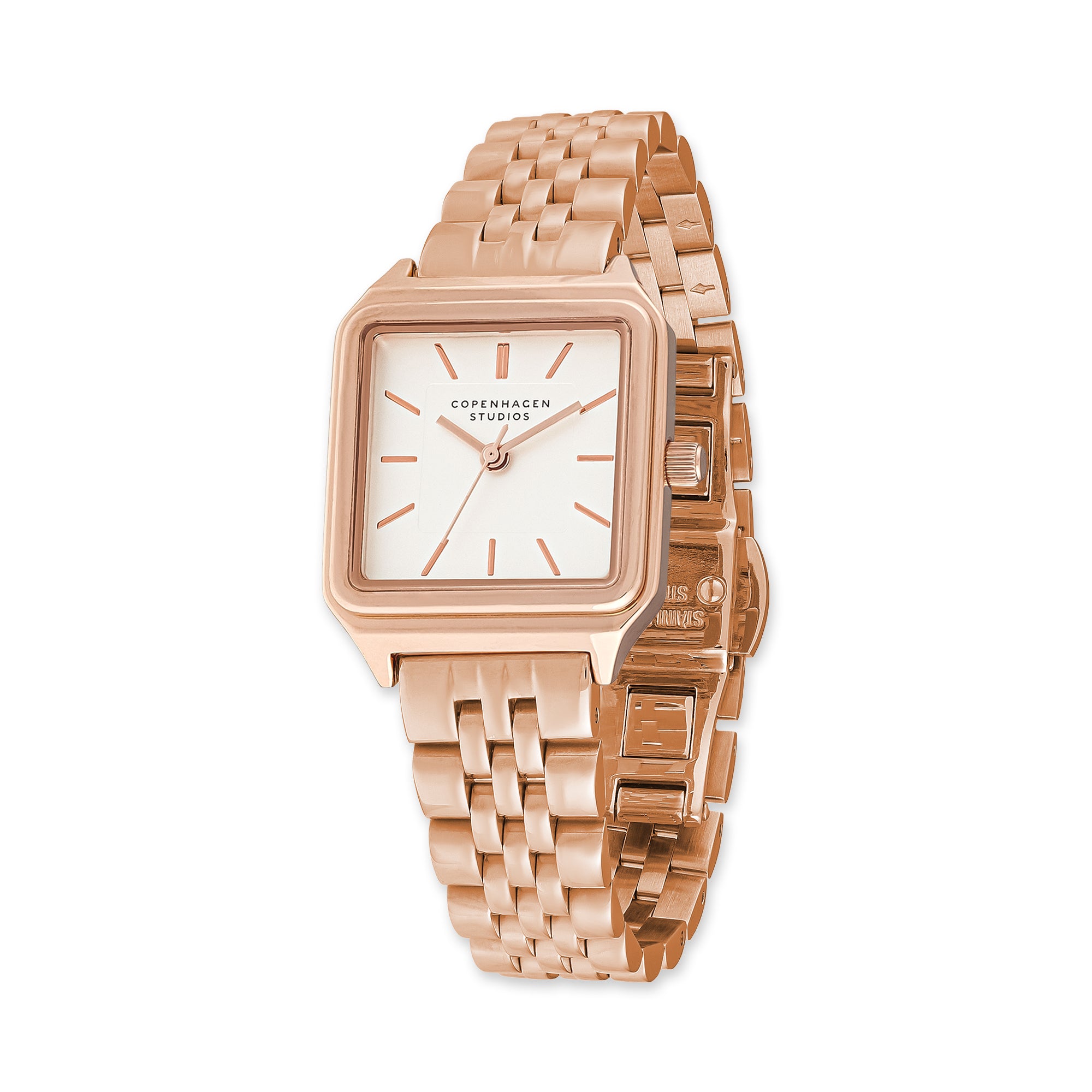 Copenhagen Studios Armbanduhr: Die Vintage Watch mit Roségold-Gehäuse, weißem Zifferblatt und Metallarmband verbindet zeitlosen Stil und elegante Details.