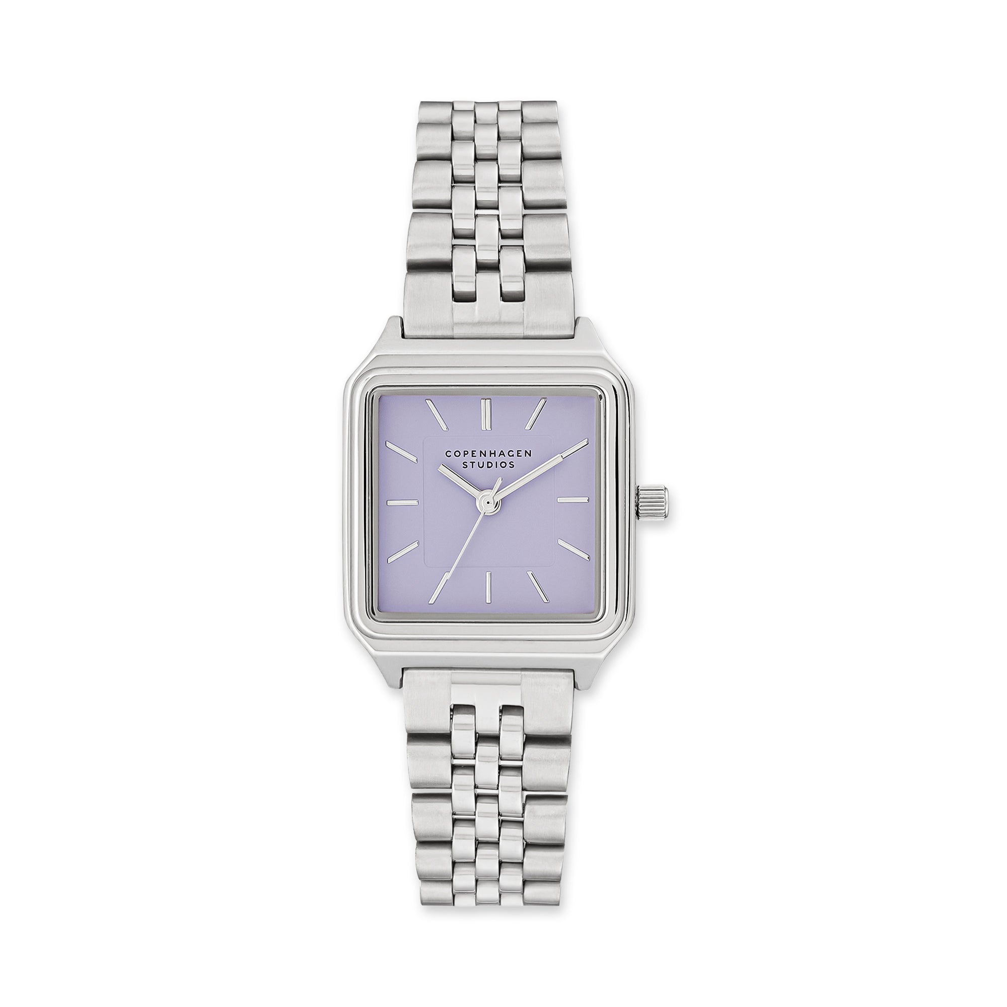 COPENHAGEN STUDIOS Armbanduhr - Die Vintage-Uhr von Copenhagen Studios hat ein silberfarbenes Metallband und ein lavendelfarbenes Zifferblatt mit schlichten Indexen. Sie verbindet klassische Eleganz mit modernem Stil.