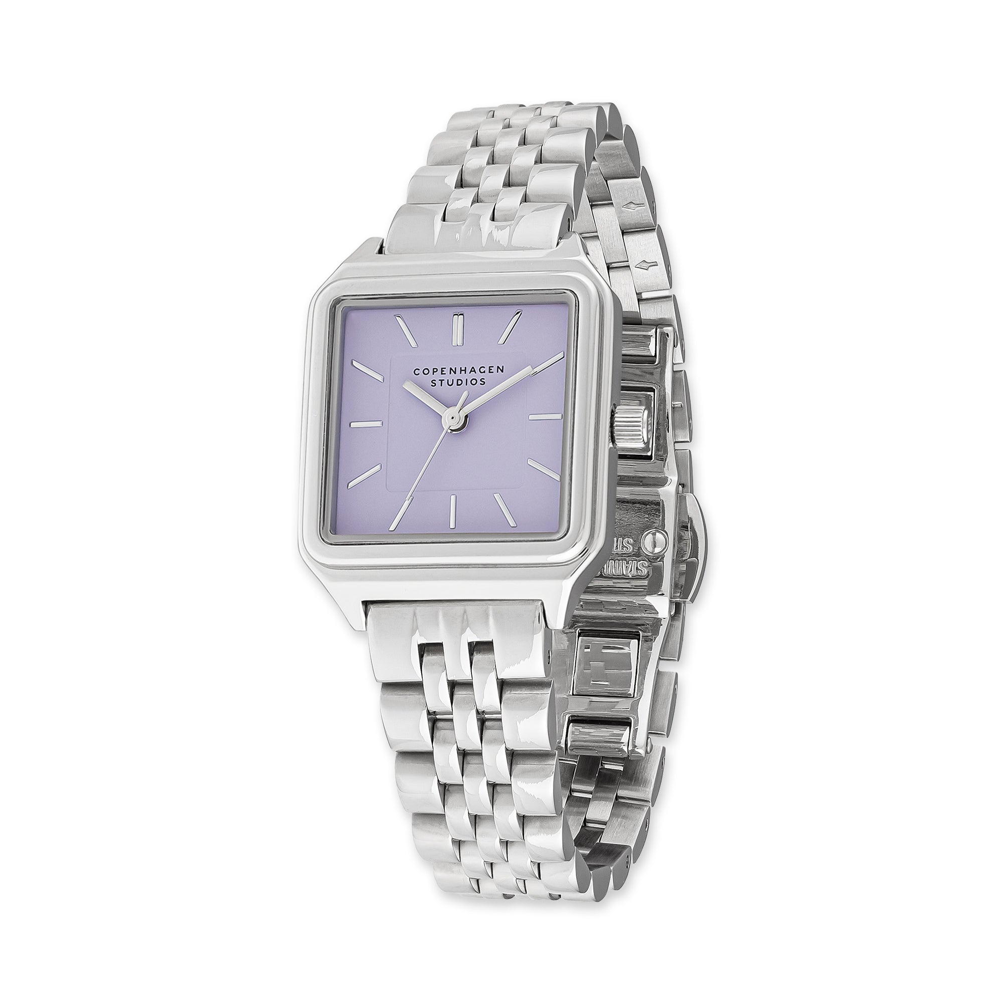 COPENHAGEN STUDIOS Armbanduhr - Vintage Watch: Silberne Armbanduhr mit quadratischem lavendelfarbenem Zifferblatt und Metallgliederband von Copenhagen Studios, ideal für Fans des Vintage-Stils.