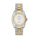 Die COPENHAGEN STUDIOS Armbanduhr ist eine runde Uhr von Copenhagen Studios mit einem silbernen und goldenen Armband, einem weißen Zifferblatt mit goldenen Akzenten und dem Markenlogo - eine perfekte Mischung aus minimalistischem Design.