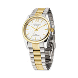 Die runde Uhr COPENHAGEN STUDIOS von Copenhagen Studios besticht durch ihr zweifarbiges Design in Gold und Silber mit weißem Zifferblatt und Metallgliederband und bietet einen minimalistischen Look für zeitlose Eleganz.