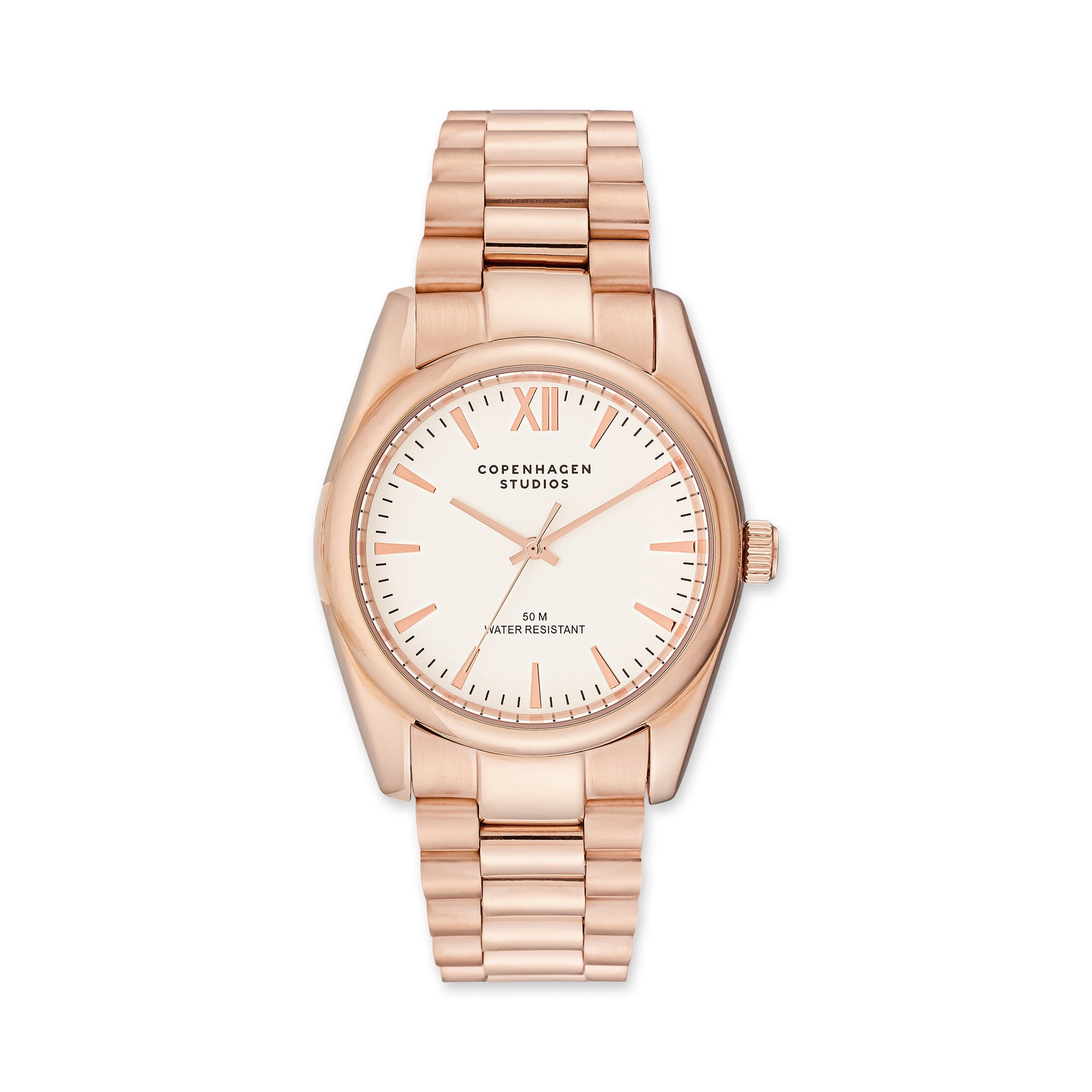 Die COPENHAGEN STUDIOS Armbanduhr von Copenhagen Studios verfügt über ein rundes Gehäuse aus Roségold, ein weißes Zifferblatt mit römischer Zwölf und ein Metallgliederband - ein elegantes Accessoire für jede Gelegenheit.