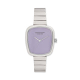 COPENHAGEN STUDIOS Armbanduhr - Curved Watch: Elegante silberne Damenuhr von Copenhagen Studios mit anmutigem lavendelfarbenem Zifferblatt und charakteristischem Branding.