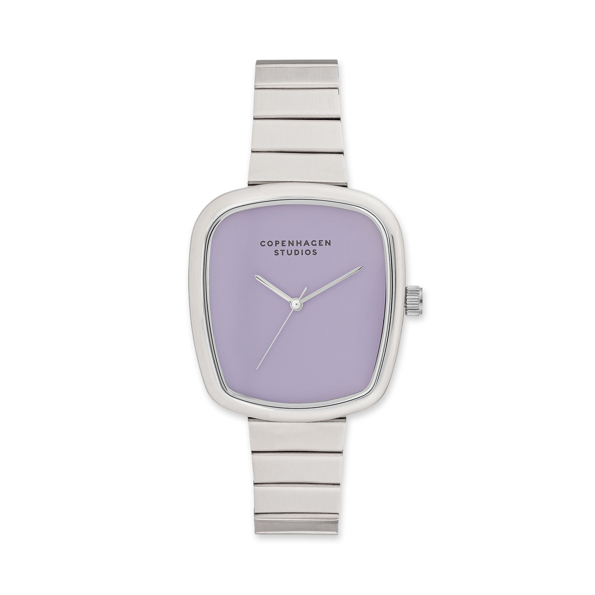 COPENHAGEN STUDIOS Armbanduhr - Curved Watch: Elegante silberne Damenuhr von Copenhagen Studios mit anmutigem lavendelfarbenem Zifferblatt und charakteristischem Branding.
