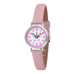 Cool Time Kids Armbanduhr mit Einhorn-Print auf dem Zifferblatt, silbernem Gehäuse und rosa Kunstlederarmband; Produktbild
