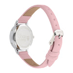 Cool Time Kids Armbanduhr mit Einhorn-Print auf dem Zifferblatt, silbernem Gehäuse und rosa Kunstlederarmband; Rückansicht