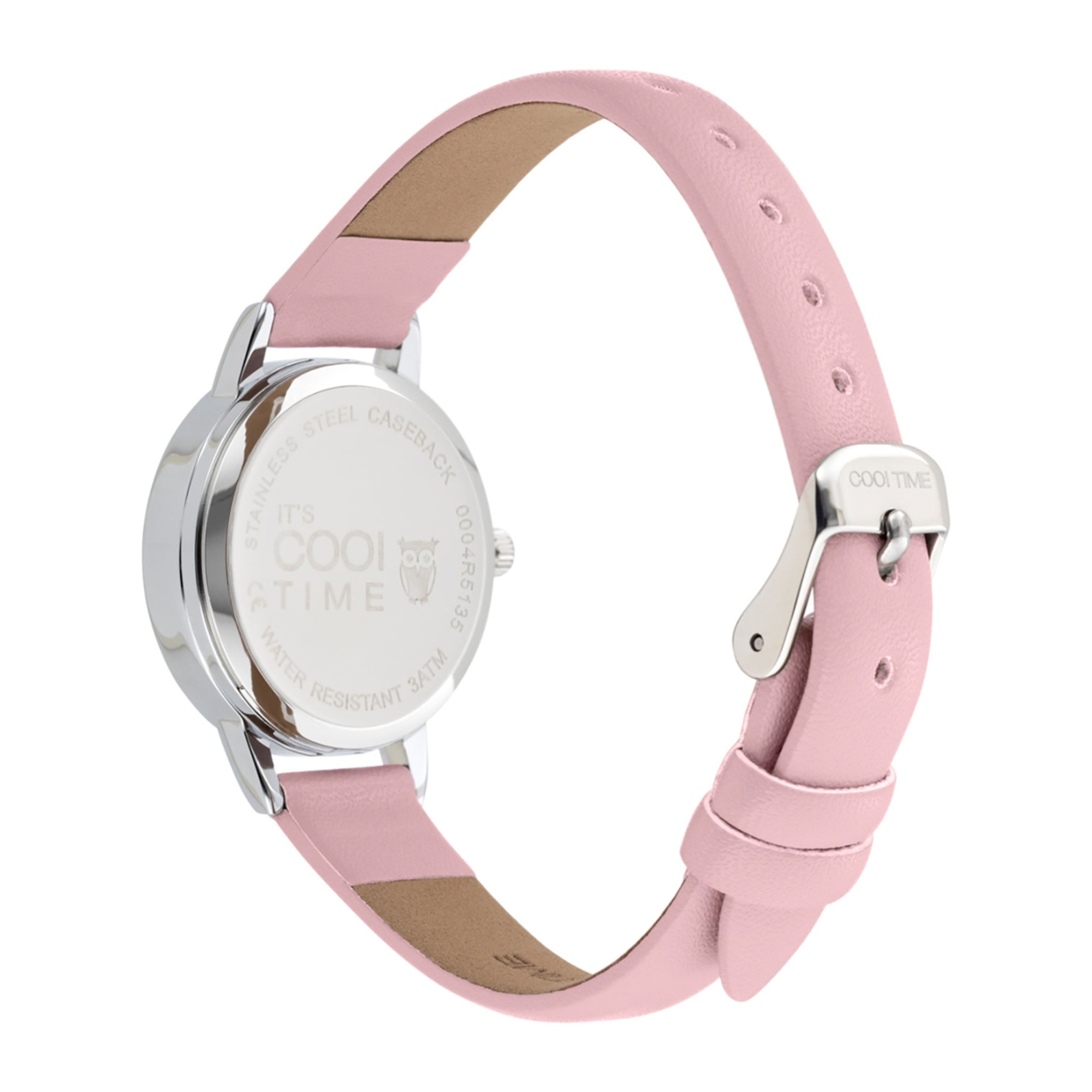 Cool Time Kids Armbanduhr mit Einhorn-Print auf dem Zifferblatt, silbernem Gehäuse und rosa Kunstlederarmband; Rückansicht