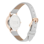 Cool Time Kids Armbanduhr mit Hunde-Motiv auf dem Zifferblatt, roségoldenem Gehäuse und grauem Kunstlederarmband; Rückansicht