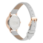 Cool Time Kids Armbanduhr mit Sternchen auf dem Zifferblatt, roségoldenem Gehäuse und grauem Kunstlederarmband; Rückansicht