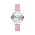 Cool Time Kids Armbanduhr mit glitzernden Schmetterlingen auf dem Zifferblatt, silbernem Gehäuse und rosa Kunstlederarmband; Produktbild