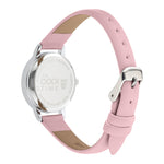 Cool Time Kids Armbanduhr mit glitzernden Schmetterlingen auf dem Zifferblatt, silbernem Gehäuse und rosa Kunstlederarmband; Rückansicht