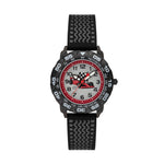 Cool Time Kids Armbanduhr mit Rennauto-Design auf dem Zifferblatt, schwarzem Gehäuse mit drehbarem Topring und schwarzem Silikonband; Produktbild