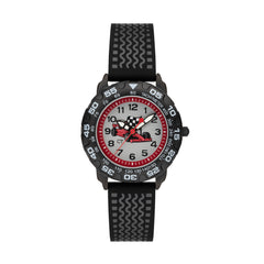 Cool Time Kids Armbanduhr mit Rennauto-Design auf dem Zifferblatt, schwarzem Gehäuse mit drehbarem Topring und schwarzem Silikonband; Produktbild
