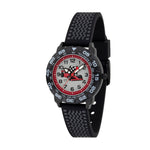 Cool Time Kids Armbanduhr mit Rennauto-Design auf dem Zifferblatt, schwarzem Gehäuse mit drehbarem Topring und schwarzem Silikonband; Produktbild