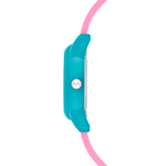 Cool Time Kids Armbanduhr mit rosa Zifferblatt, blauem Gehäuse und pinkem Silikonband; Seitenansicht