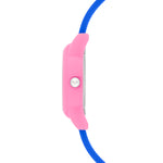 Cool Time Kids Armbanduhr mit rosa Gehäuse und blauem Silikonband; Seitenansicht