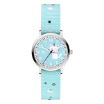 Cool Time Kids Armbanduhr mit blauem Zifferblatt mit Katzen-Design, silbernem Gehäuse und blauem Textilband; Produktbild