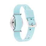Cool Time Kids Armbanduhr mit blauem Zifferblatt mit Katzen-Design, silbernem Gehäuse und blauem Textilband; Rückansicht