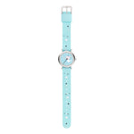 Cool Time Kids Armbanduhr mit blauem Zifferblatt mit Katzen-Design, silbernem Gehäuse und blauem Textilband; Zusatzbild