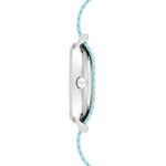 Cool Time Kids Armbanduhr mit blauem Zifferblatt mit Katzen-Design, silbernem Gehäuse und blauem Textilband; Seitenansicht