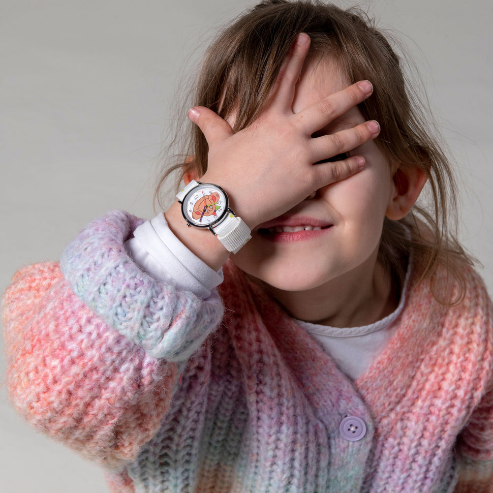 Cool Time Kids Armbanduhr mit Affen-Design auf dem Zifferblatt, silbernem Gehäuse und weißem Textilarmband mit kleinen bunten Flecken; Produktbild