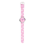Cool Time Kids Armbanduhr mit rosa Zifferblatt, silbernem Gehäuse und rosa Textilarmband mit weißen Blumen; Produktbild