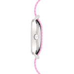 Cool Time Kids Armbanduhr mit rosa Zifferblatt, silbernem Gehäuse und rosa Textilarmband mit weißen Blumen; Seitenansicht