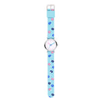 Cool Time Kids Armbanduhr mit rosa Indizes, silbernem Gehäuse und blauem Textilband mit blauen und rosa Blumen; Produktbild