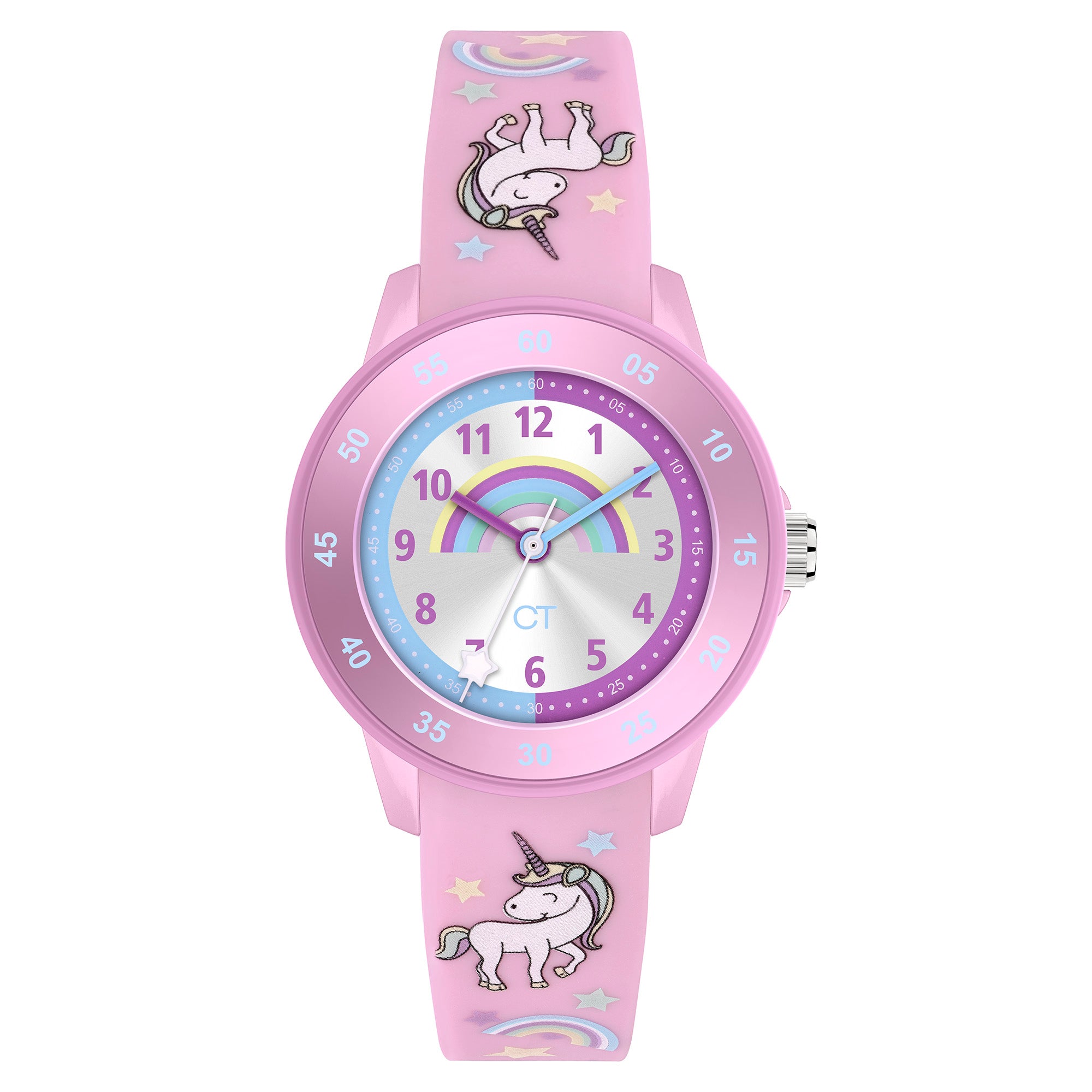 Cool Time Kids Armbanduhr mit silbernen Zifferblatt mit Regenbogen im Einhornmotiv, rosa Kunststoffgehäuse mit rosa Topring und rosa Silikonband mit Einhornmotiv; Produktbild