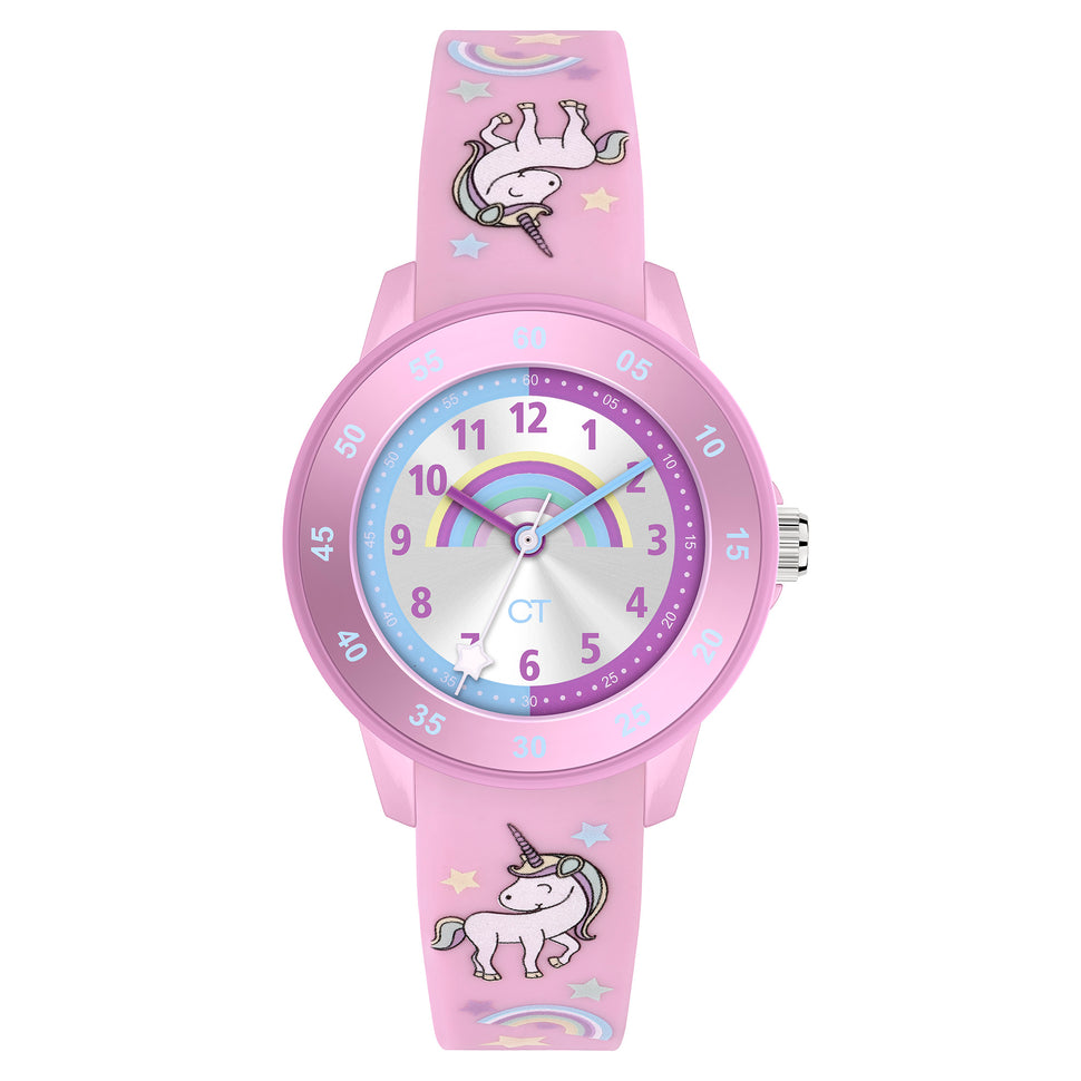 Cool Time Kids Armbanduhr mit silbernen Zifferblatt mit Regenbogen im Einhornmotiv, rosa Kunststoffgehäuse mit rosa Topring und rosa Silikonband mit Einhornmotiv; Produktbild