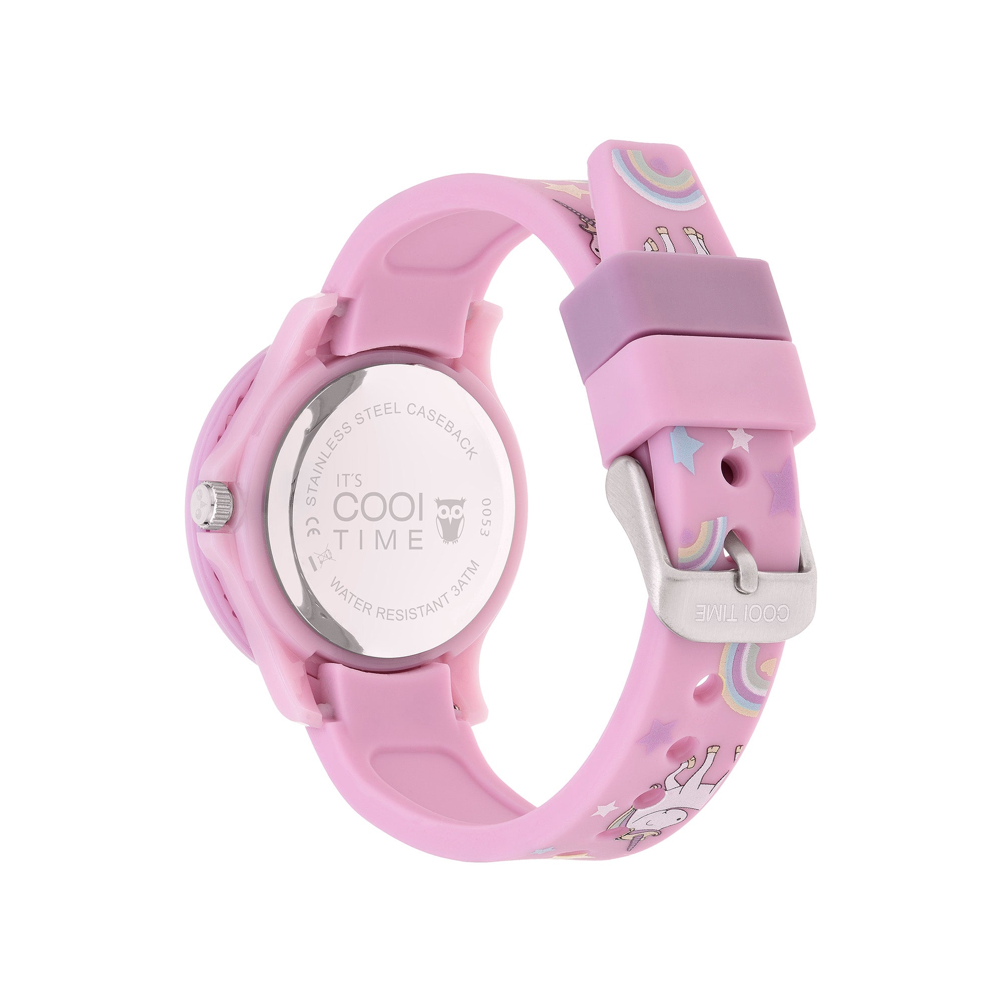 Cool Time Kids Armbanduhr mit silbernen Zifferblatt mit Regenbogen im Einhornmotiv, rosa Kunststoffgehäuse mit rosa Topring und rosa Silikonband mit Einhornmotiv; Rückansicht