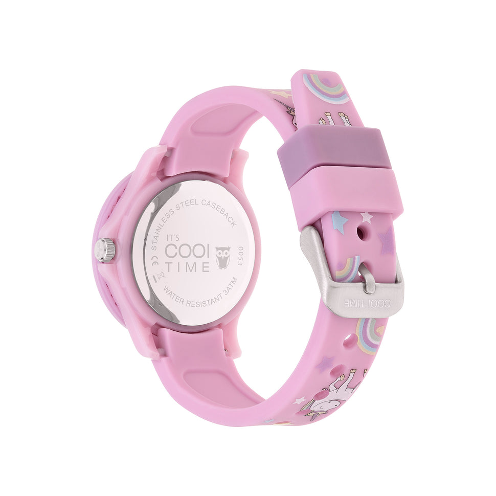 Cool Time Kids Armbanduhr mit silbernen Zifferblatt mit Regenbogen im Einhornmotiv, rosa Kunststoffgehäuse mit rosa Topring und rosa Silikonband mit Einhornmotiv; Rückansicht