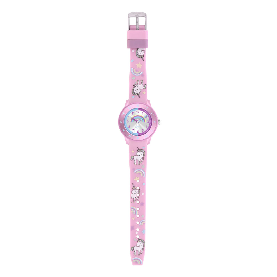 Cool Time Kids Armbanduhr mit silbernen Zifferblatt mit Regenbogen im Einhornmotiv, rosa Kunststoffgehäuse mit rosa Topring und rosa Silikonband mit Einhornmotiv; Zusatzbild