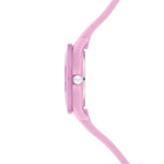 Seitenansicht der Cool Time Kids Armbanduhr - The Cool Pink Unicorn von Cool Time, mit einem runden Gesicht und einer silbernen Krone, perfekt für Kinder, vor einem weißen Hintergrund.