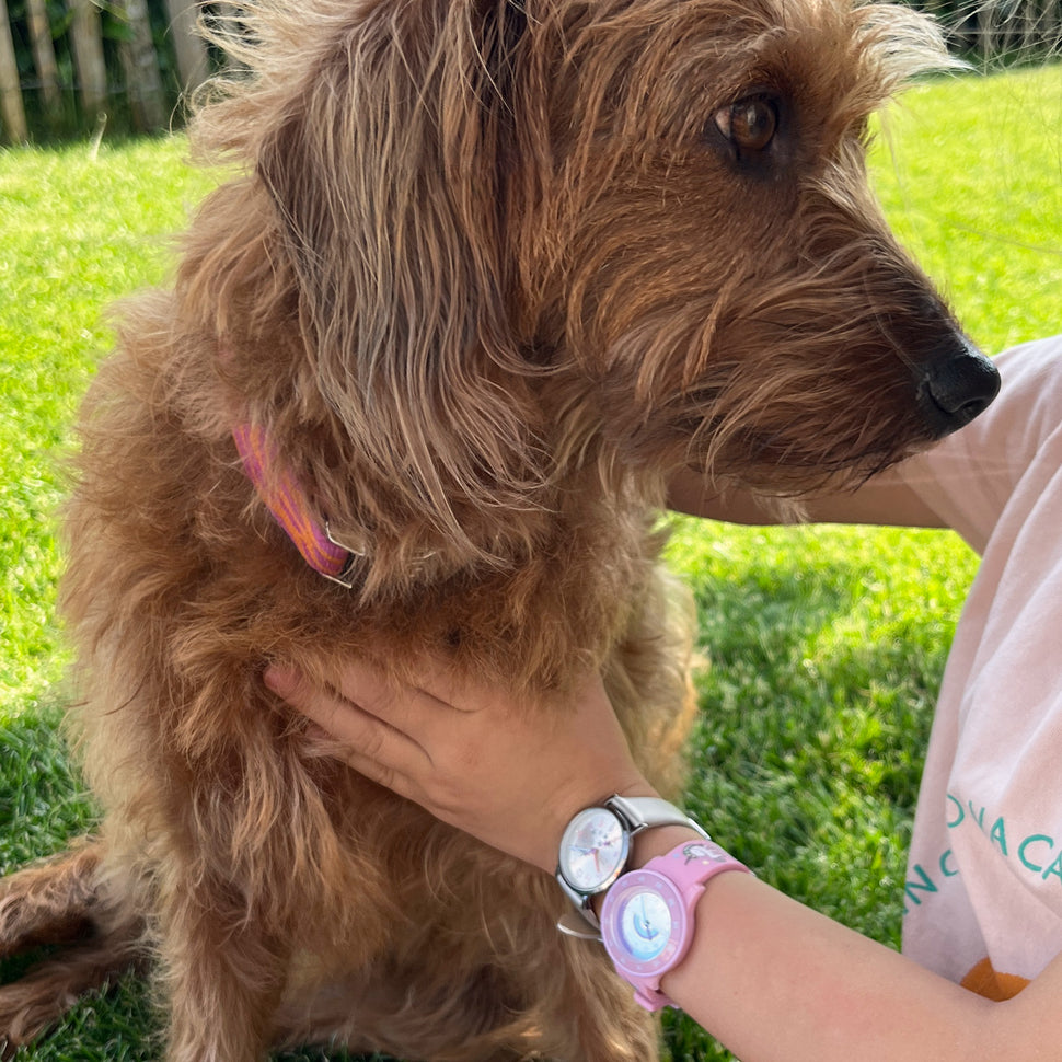 Cool Time Kids Armbanduhr mit silbernen Zifferblatt mit Regenbogen im Einhornmotiv, rosa Kunststoffgehäuse mit rosa Topring und rosa Silikonband mit Einhornmotiv; Tragebild